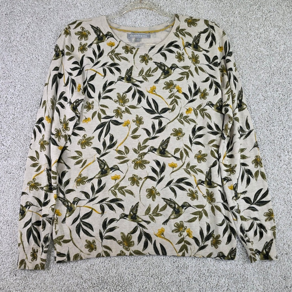 Daniel Rainn Women‎ M Hummingbird Floral Fine Knit Sweater Pullover Beige Olive